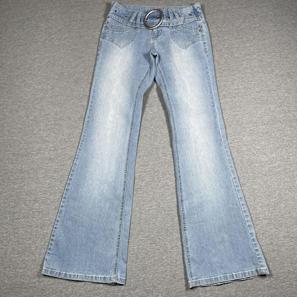 Piper & Blue Flared Jeans Womens 5 Blue Slim Low Rise Belted Buckle Y2K